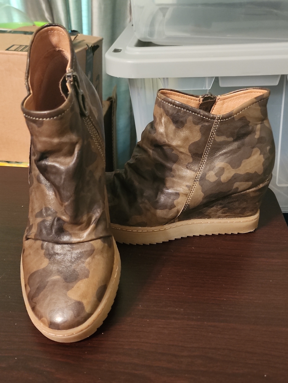 Sofft Camouflage Wedge Ankle Booties in Brown Multi